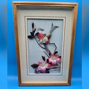 Vintage Feather Art  Bird On Branch With Flower Shadow Box dogwood finch warbler